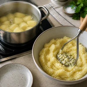 Pedaços de batata cozinhando ao lado de uma tigela de batata amassada quente