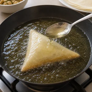 Brik selado fritando em óleo quente enquanto se rega a parte de cima
