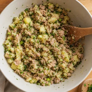 Atum, batata, salsa, alcaparras, cebolinha e especiarias misturados em uma tigela
