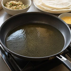 Frigideira larga com uma camada rasa de óleo brilhante pronta para fritar
