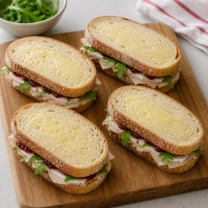 Closed uncooked panini with buttered sourdough tops