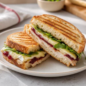Cut turkey cranberry brie panini on a plate