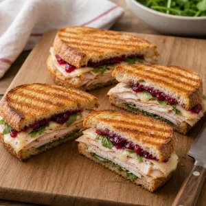 Cut warm turkey cranberry brie panini on a board