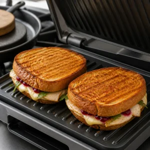 Golden pressed panini with melted brie at the edges
