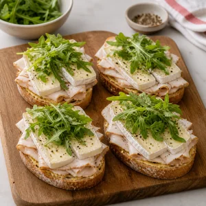 Open panini layered with turkey, brie, arugula, and pepper