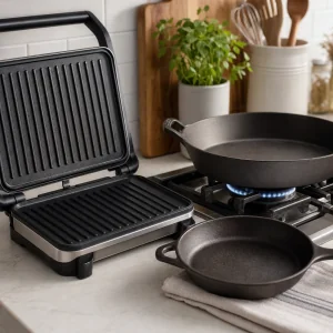Panini press and skillets heating for sandwiches