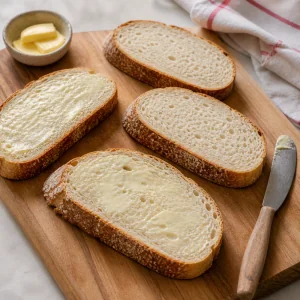 Sourdough slices buttered on a cutting board