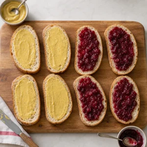Sourdough slices spread with Dijon mustard and cranberry sauce