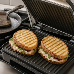 Turkey cranberry brie panini pressing in a panini press