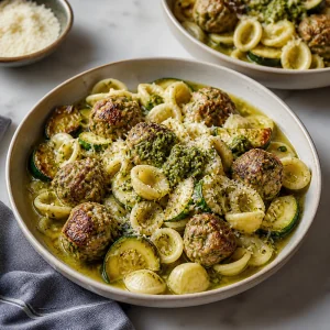 Fertige Schalen Orecchiette mit Puten-Pesto-Bällchen, Zucchini, Parmesan und Pesto