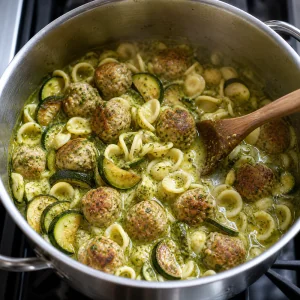 Orecchiette, Bällchen, Zucchini und Pesto-Brühe in einem Topf