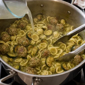 Pastawasser wird zu Orecchiette und Bällchen in Pesto-Brühe gegeben