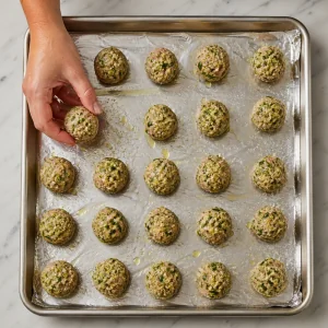 Rohe Puten-Pesto-Bällchen auf einem Blech