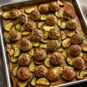 Geröstete Puten-Pesto-Bällchen und Zucchini auf einem Blech