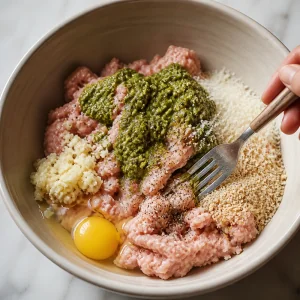 Zutaten für Puten-Pesto-Bällchen werden in einer Schüssel gemischt
