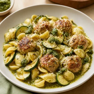 Puten-Pesto-Bällchen mit Orecchiette, gerösteter Zucchini, Parmesan und Pesto-Brühe