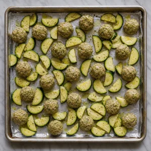 Zucchinischeiben um Puten-Pesto-Bällchen auf einem Blech