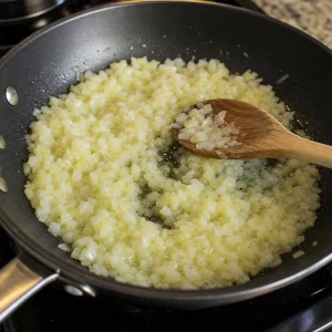 Chopped onion softening in olive oil in a skillet