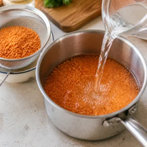 Red lentils being rinsed and covered with water in a saucepan