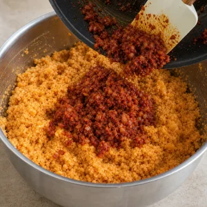 Red onion spice mixture being scraped into lentils and bulgur