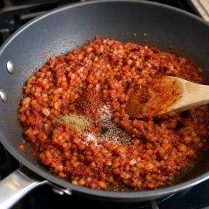 Red tomato and pepper paste stirred into softened onions with spices