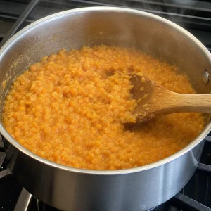 Soft red lentils simmering in a saucepan