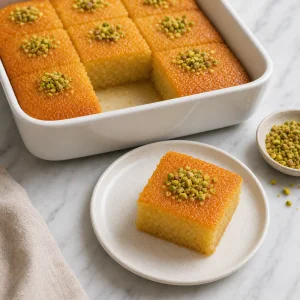 Cut revani squares sprinkled with chopped pistachios