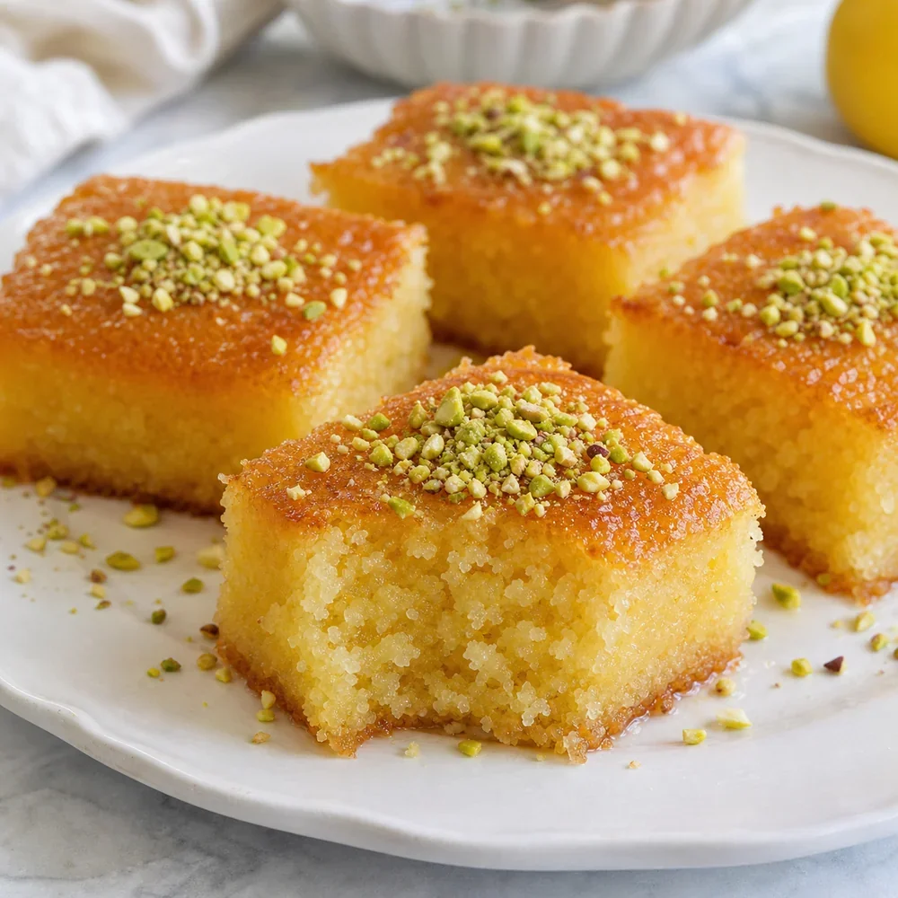 Finished Turkish Revani semolina cake squares topped with chopped pistachios