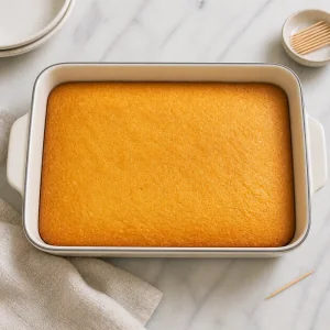 Golden baked semolina cake in a rectangular dish