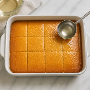 Scored revani cake soaking up lemon syrup
