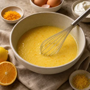 Beaten eggs with butter, vanilla, and lemon zest