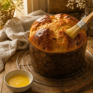 Butter-brushed paska cooling on a rack