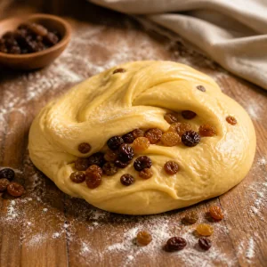 Elastic paska dough folded with raisins