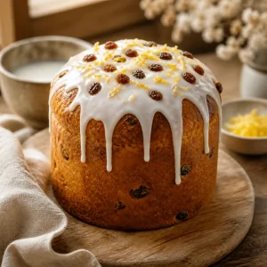 Finished paska with white glaze, lemon zest, and raisins