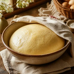 Puffy paska dough rising under linen