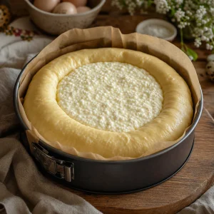 Round paska dough filled with cottage cheese