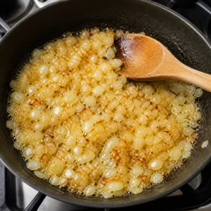 Cipolle tritate cotte nel burro finché i bordi sono dorati.