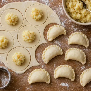 Dischi di pasta farciti con patate e varenyky chiusi a mezzaluna.