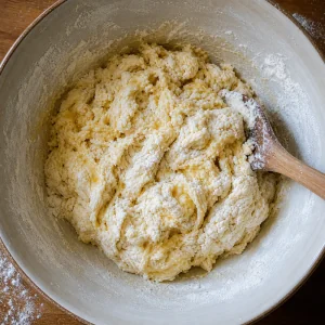 Impasto grossolano per varenyky mescolato in una ciotola prima di impastare.