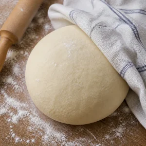 Pasta liscia per varenyky che riposa sotto un canovaccio.