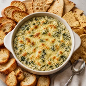 Finished spinach artichoke dip rested and served with pita chips tortilla chips and toasted baguette slices