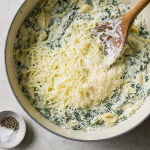 Mozzarella and Parmesan cheese stirred into the spinach artichoke dip mixture