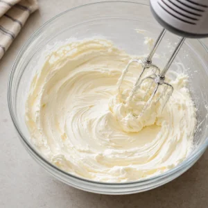 Softened cream cheese beaten smooth and creamy in a mixing bowl