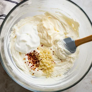 Sour cream mayonnaise garlic and red pepper flakes stirred into the cream cheese base