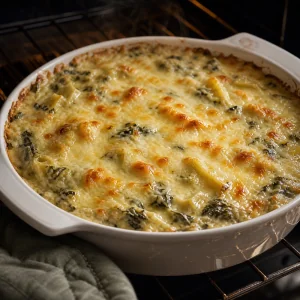 Spinach artichoke dip baked until hot with melted bubbling cheese on top