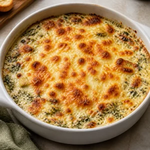 Spinach artichoke dip broiled until the cheese topping is golden brown
