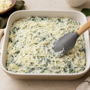 Spinach artichoke dip spread in a baking dish and topped with mozzarella