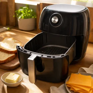 Air fryer preheating beside bread, cheddar, and butter