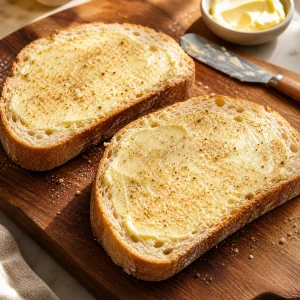 Buttered bread slices sprinkled with seasoning on a wooden board
