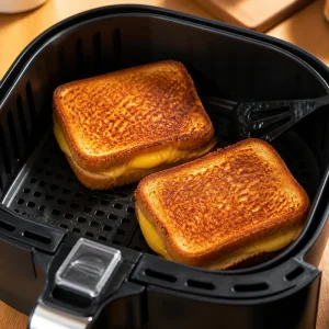 Golden grilled cheese sandwiches crisping in the air fryer basket
